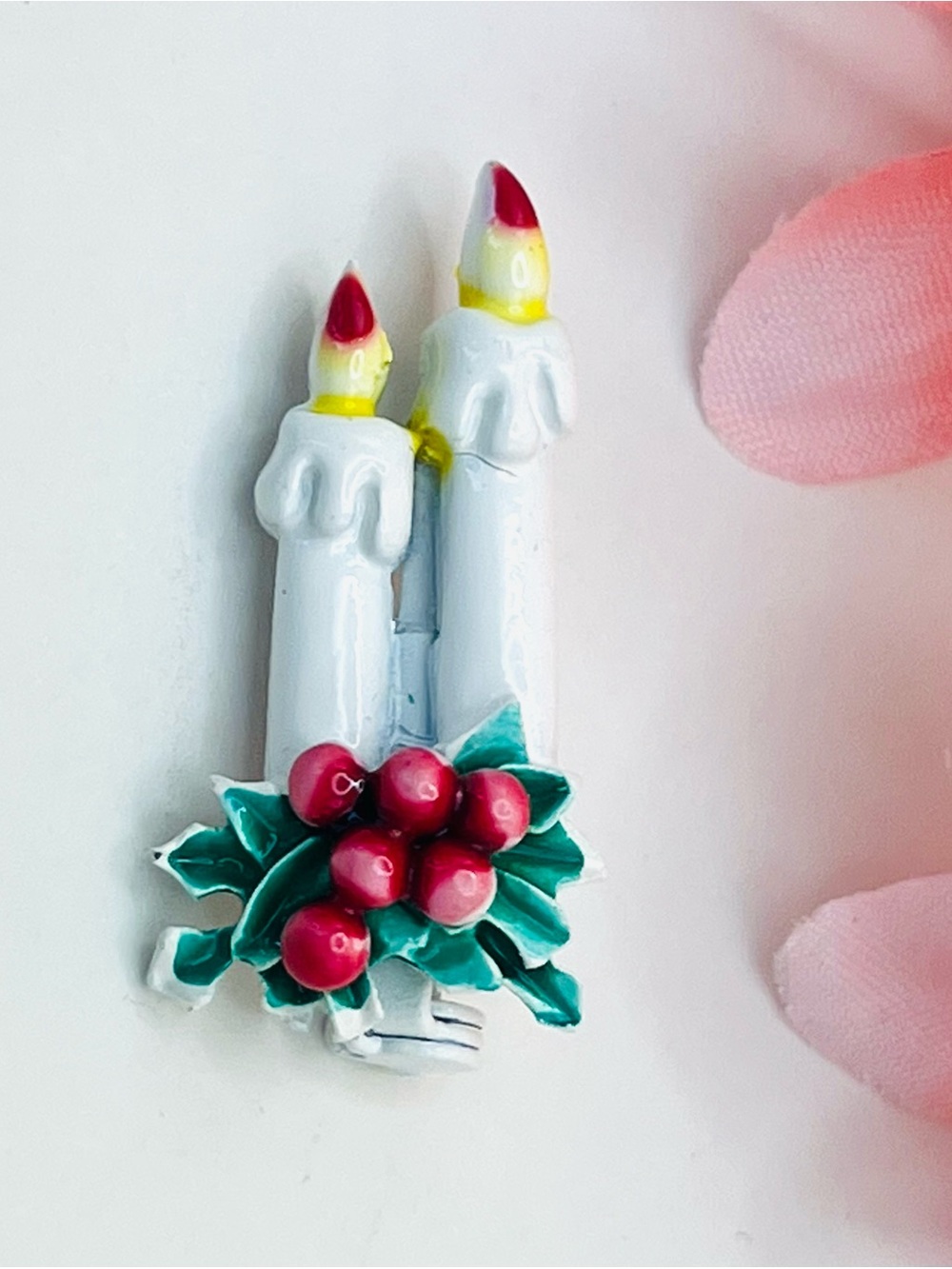 Vintage White enamel Candle Holiday Pin with Red Berries -